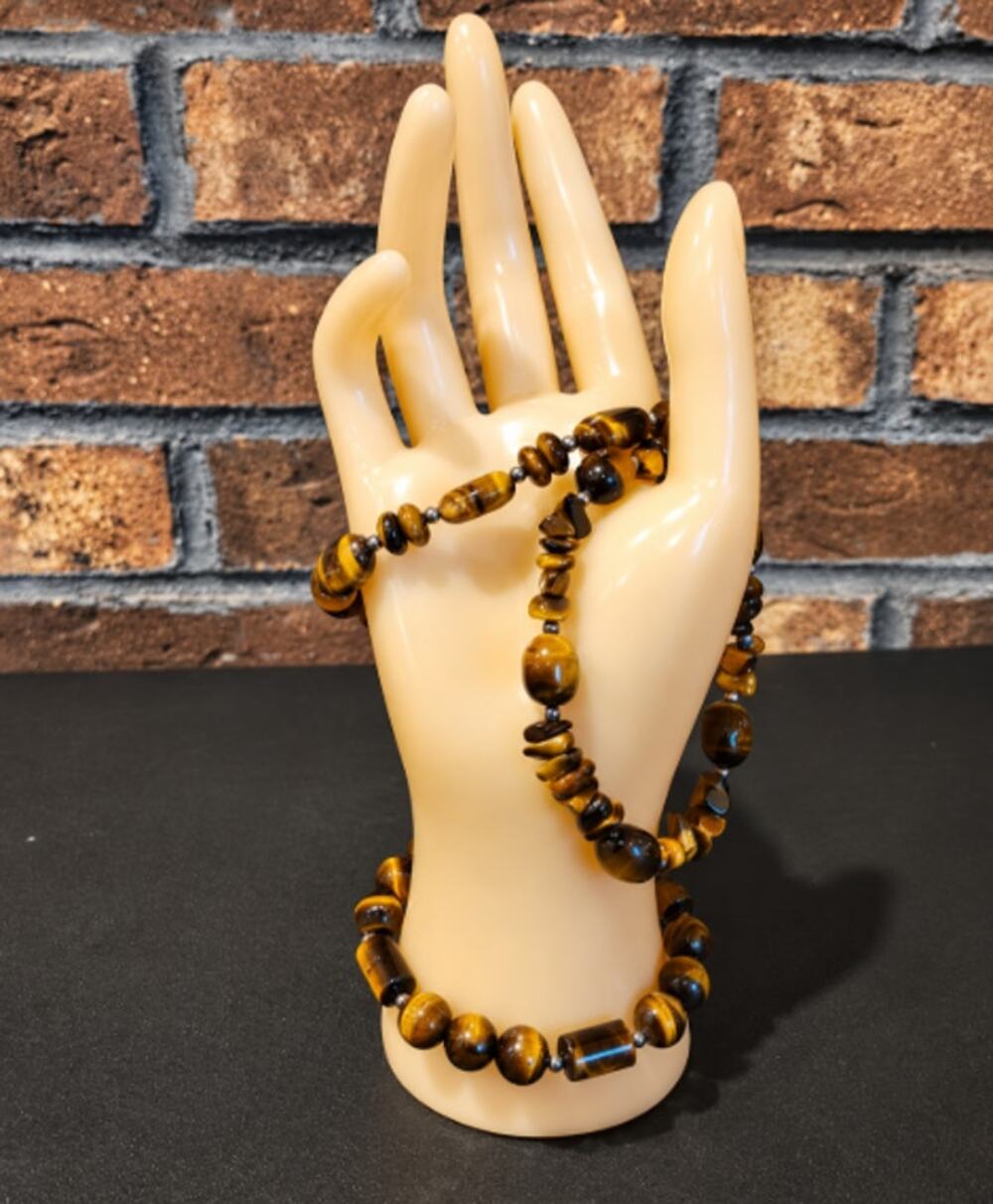 Set of 3 Stretch Beaded Bracelets with Brown Tiger's Eye & Dark Beads
